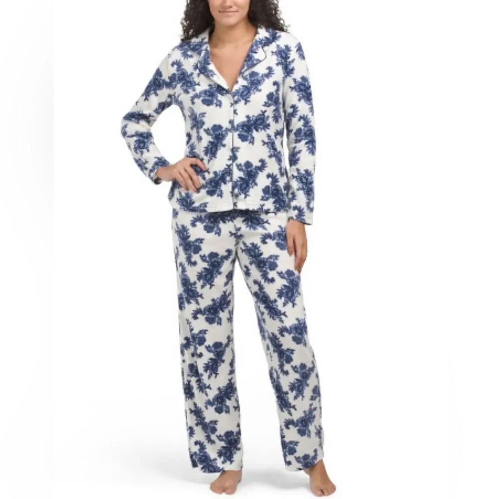 Martha Stewart M L XL White Blue Floral Long Sleeve Pants Fleece PJ Set